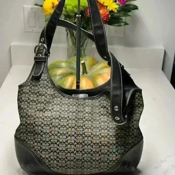 Coach Signature Jacquard & Leather Hobo Shoulder Tote Bag J3K-6800 Black & Gray - Picture 1 of 14
